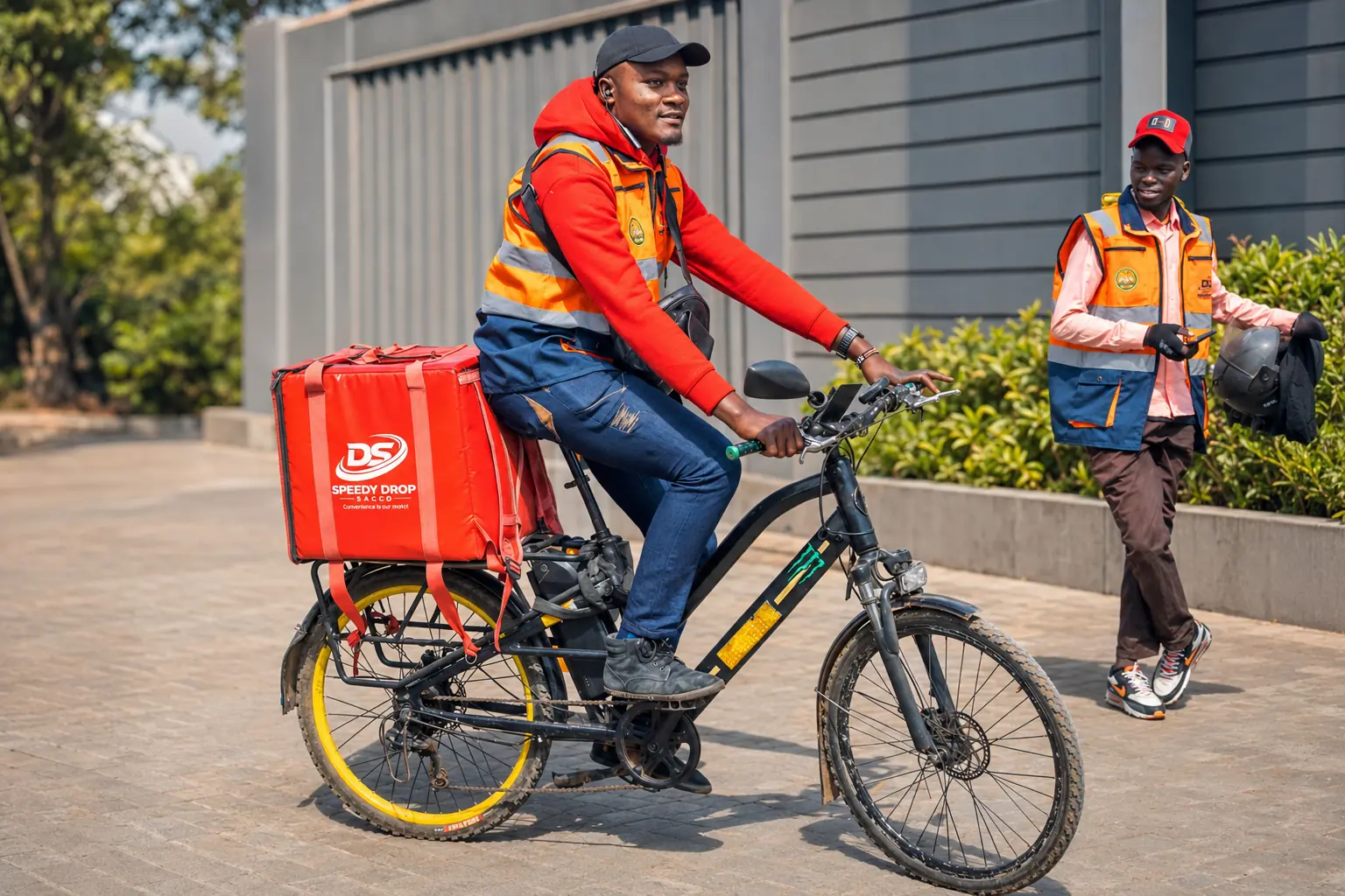 SpeedyDrop rider leaving for a delivery while a colleague prepares nearby