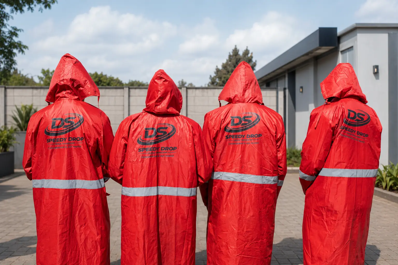 Four SpeedyDrop riders wearing branded rain gear