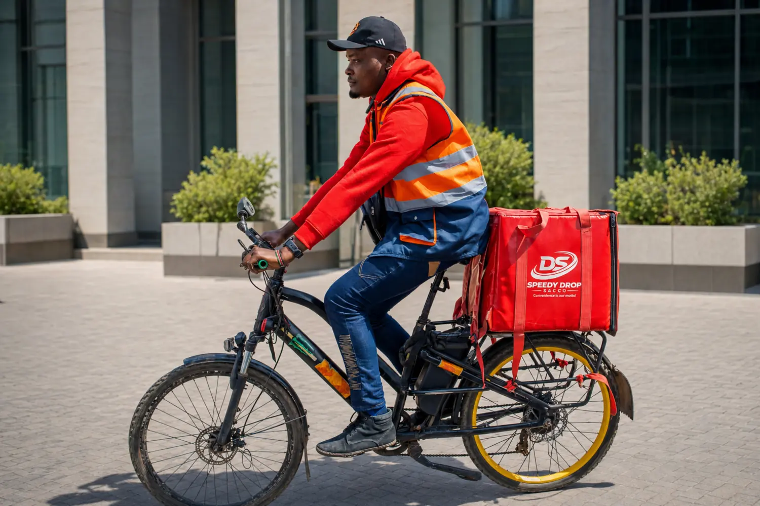 SpeedyDrop rider carrying a branded delivery box